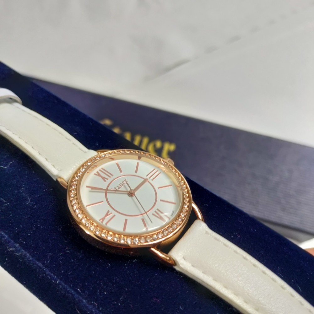 Stauer Swiss Made Watch Jeweled Case White Face Roman Numerals White Strap - Picture 5 of 8